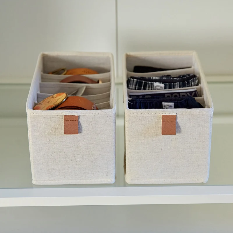 LOVE IT STORE IT - Premium - Schrank Organizer 2-teilig - Schubladenbox aus Stoff - Verstärkt - Je 6 Fächer für Unterwäsche, Gürtel - Beige - 15x30x15 cm