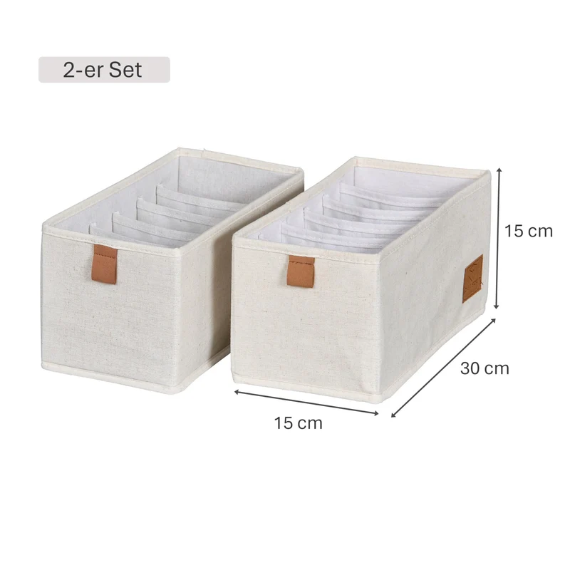 LOVE IT STORE IT - Premium - Schrank Organizer 2-teilig - Schubladenbox aus Stoff - Verstärkt - Je 6 Fächer für Unterwäsche, Gürtel - Beige - 15x30x15 cm