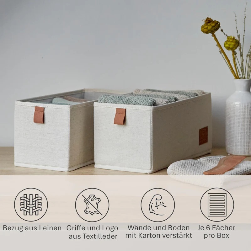 LOVE IT STORE IT - Premium - Schrank Organizer 2-teilig - Schubladenbox aus Stoff - Verstärkt - Je 6 Fächer für Unterwäsche, Gürtel - Beige - 15x30x15 cm