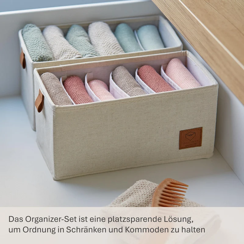 LOVE IT STORE IT - Premium - Schrank Organizer 2-teilig - Schubladenbox aus Stoff - Verstärkt - Je 6 Fächer für Unterwäsche, Gürtel - Beige - 15x30x15 cm