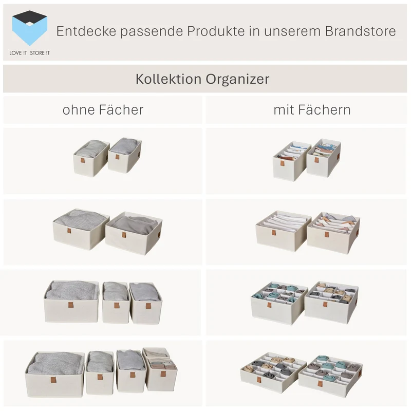 LOVE IT STORE IT - Premium - Schrank Organizer 2-teilig - Schubladenbox aus Stoff - Verstärkt - Je 6 Fächer für Unterwäsche, Gürtel - Beige - 15x30x15 cm