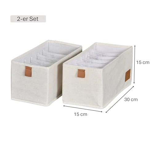 LOVE IT STORE IT - Premium - Schrank Organizer 2-teilig - Schubladenbox aus Stoff - Verstärkt - Je 6 Fächer für Unterwäsche, Gürtel - Beige - 15x30x15 cm