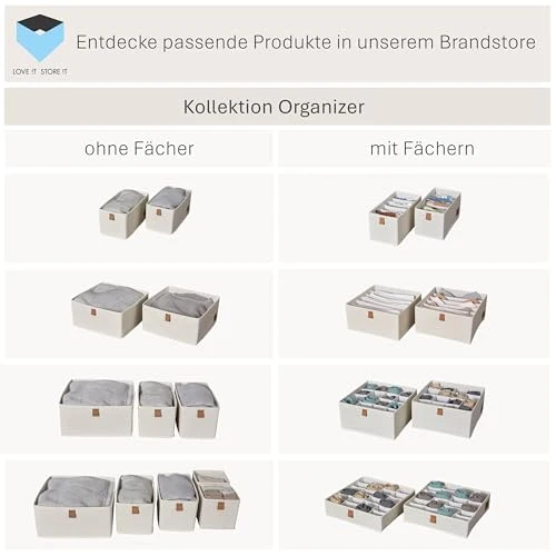 LOVE IT STORE IT - Premium - Schrank Organizer 2-teilig - Schubladenbox aus Stoff - Verstärkt - Je 6 Fächer für Unterwäsche, Gürtel - Beige - 15x30x15 cm