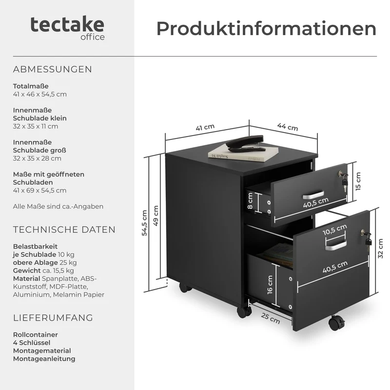 tectake® Rollcontainer mit Schubladen, Aktenschrank abschließbar, Kommode mit Schubladen, Rollwagen, Organizer für Dokumentenablage und Ordner A4 breit, Büroschrank, schwarz
