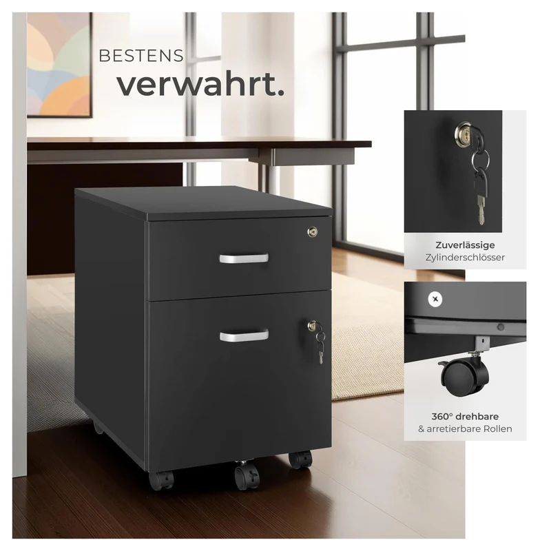 tectake® Rollcontainer mit Schubladen, Aktenschrank abschließbar, Kommode mit Schubladen, Rollwagen, Organizer für Dokumentenablage und Ordner A4 breit, Büroschrank, schwarz
