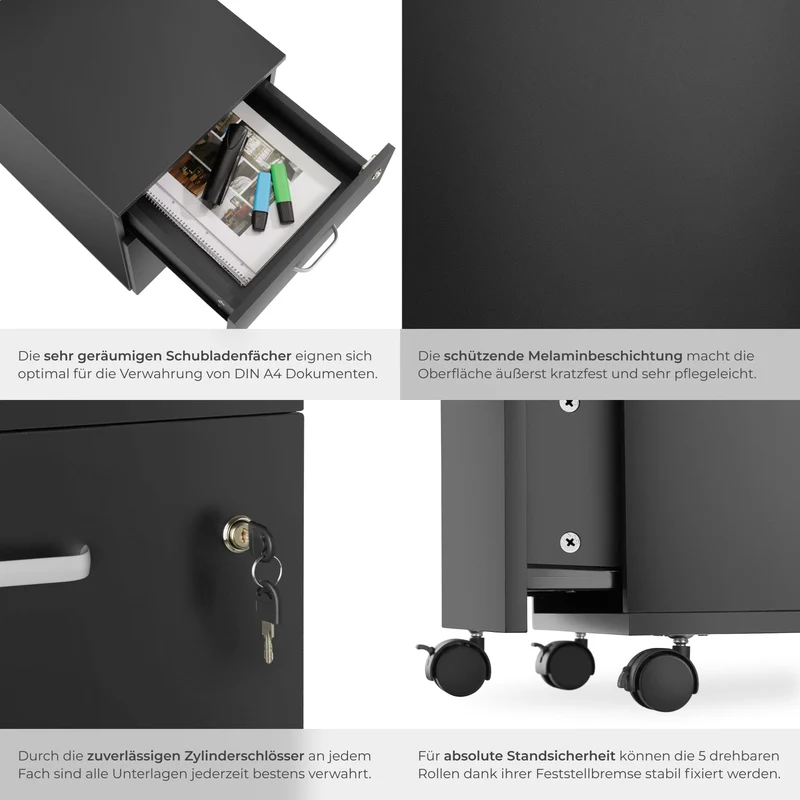 tectake® Rollcontainer mit Schubladen, Aktenschrank abschließbar, Kommode mit Schubladen, Rollwagen, Organizer für Dokumentenablage und Ordner A4 breit, Büroschrank, schwarz