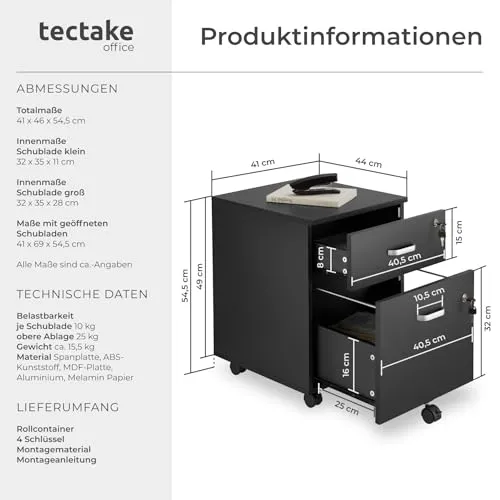 tectake® Rollcontainer mit Schubladen, Aktenschrank abschließbar, Kommode mit Schubladen, Rollwagen, Organizer für Dokumentenablage und Ordner A4 breit, Büroschrank, schwarz
