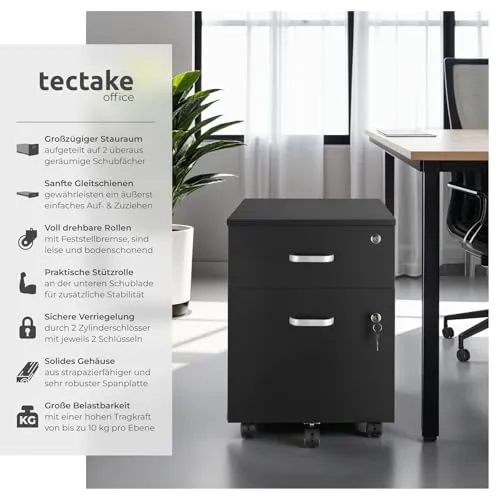 tectake® Rollcontainer mit Schubladen, Aktenschrank abschließbar, Kommode mit Schubladen, Rollwagen, Organizer für Dokumentenablage und Ordner A4 breit, Büroschrank, schwarz