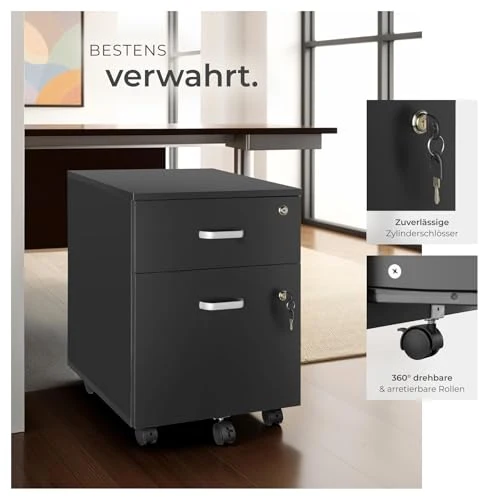 tectake® Rollcontainer mit Schubladen, Aktenschrank abschließbar, Kommode mit Schubladen, Rollwagen, Organizer für Dokumentenablage und Ordner A4 breit, Büroschrank, schwarz