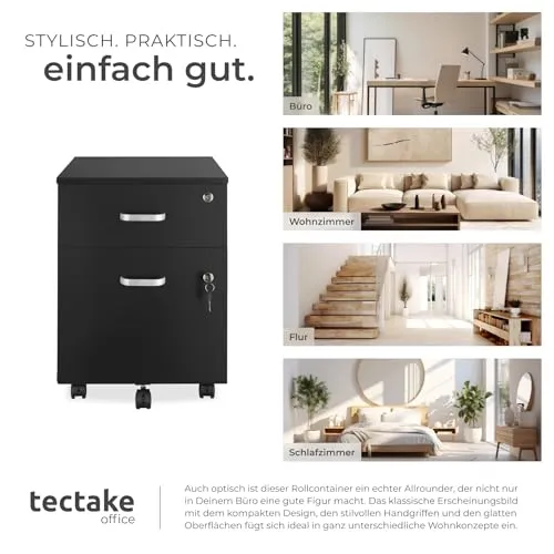 tectake® Rollcontainer mit Schubladen, Aktenschrank abschließbar, Kommode mit Schubladen, Rollwagen, Organizer für Dokumentenablage und Ordner A4 breit, Büroschrank, schwarz