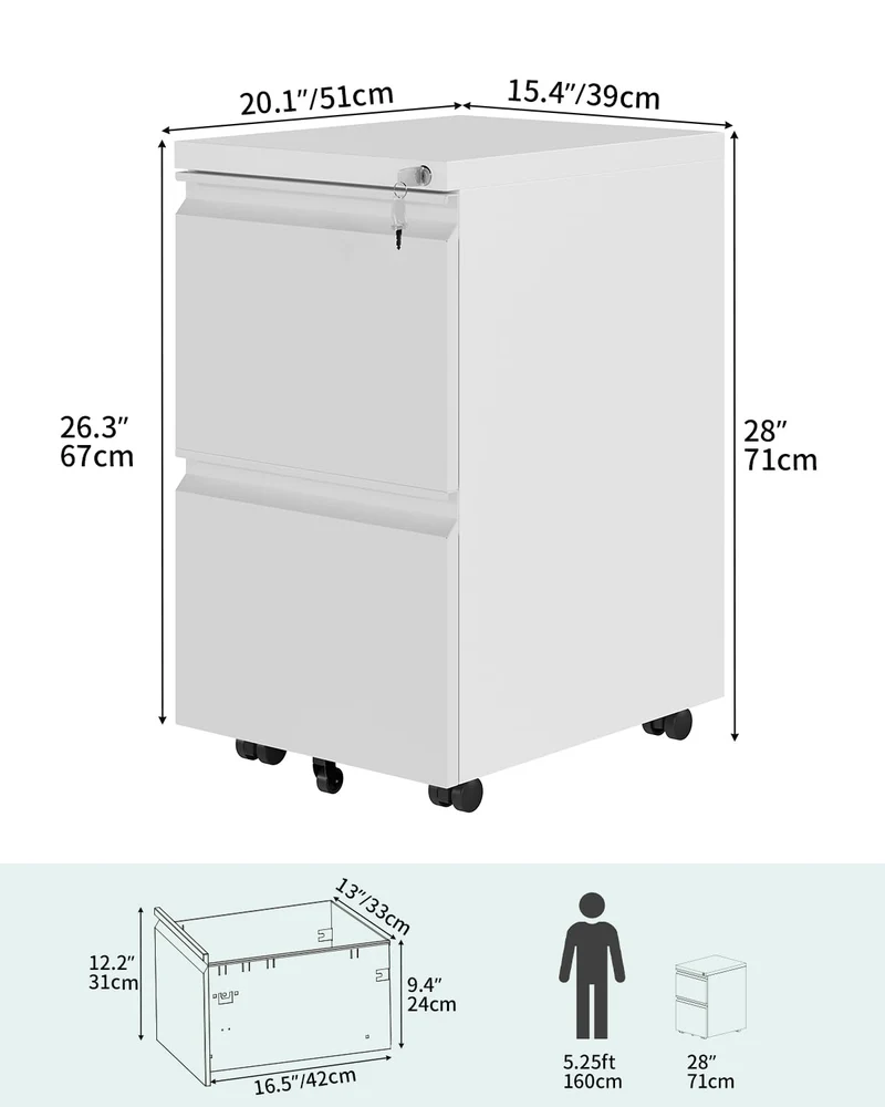 YITAHOME Rollcontainer mit Abschließbar 2 Schubladen, Mobiler Aktenschrank mit Rollen für A4, Legal, Letter, Metall Büroschrank für Home-Office, Hängeregistratur, Weiß, 51 x 39 x 71cm