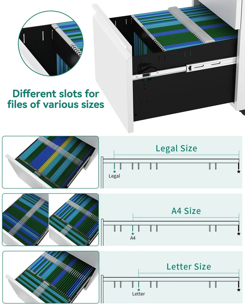 YITAHOME Rollcontainer mit Abschließbar 2 Schubladen, Mobiler Aktenschrank mit Rollen für A4, Legal, Letter, Metall Büroschrank für Home-Office, Hängeregistratur, Weiß, 51 x 39 x 71cm