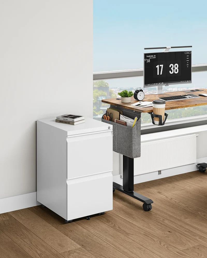 YITAHOME Rollcontainer mit Abschließbar 2 Schubladen, Mobiler Aktenschrank mit Rollen für A4, Legal, Letter, Metall Büroschrank für Home-Office, Hängeregistratur, Weiß, 51 x 39 x 71cm