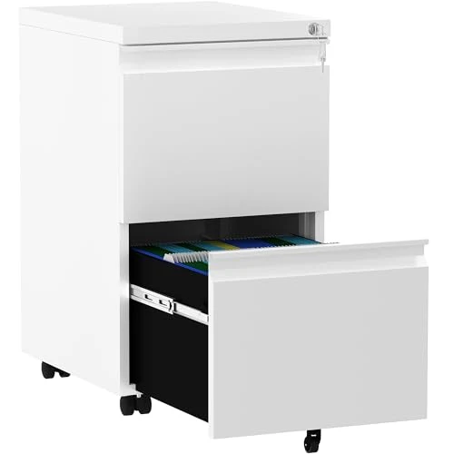 YITAHOME Rollcontainer mit Abschließbar 2 Schubladen, Mobiler Aktenschrank mit Rollen für A4, Legal, Letter, Metall Büroschrank für Home-Office, Hängeregistratur, Weiß, 51 x 39 x 71cm