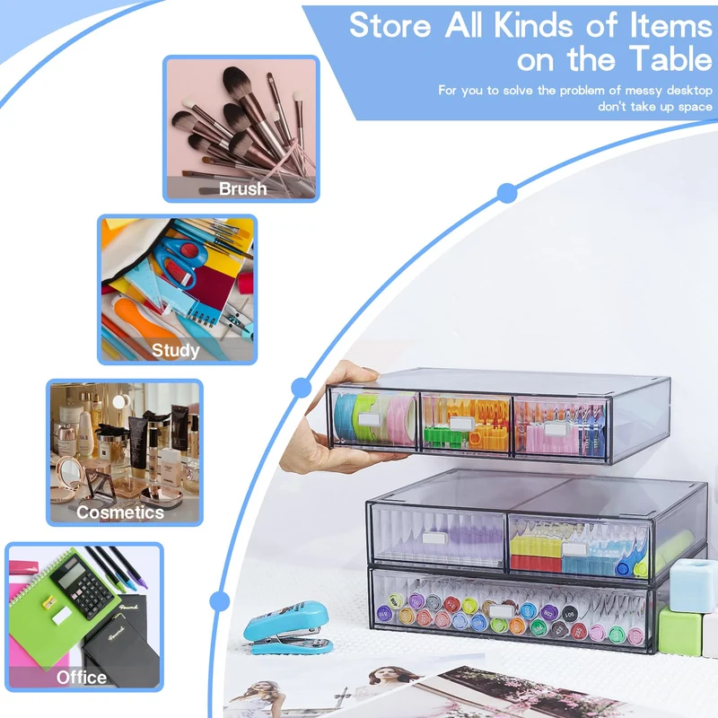 Stapelbarer Organizer mit 3 Ebenen, 6 Schubladen, Kunststoff-Schreibtisch-Aufbewahrungsbox, Schreibtisch-Schubladen, abnehmbare Make-up-Aufbewahrung, Büro, Schreibwaren, Organizer für die Schule