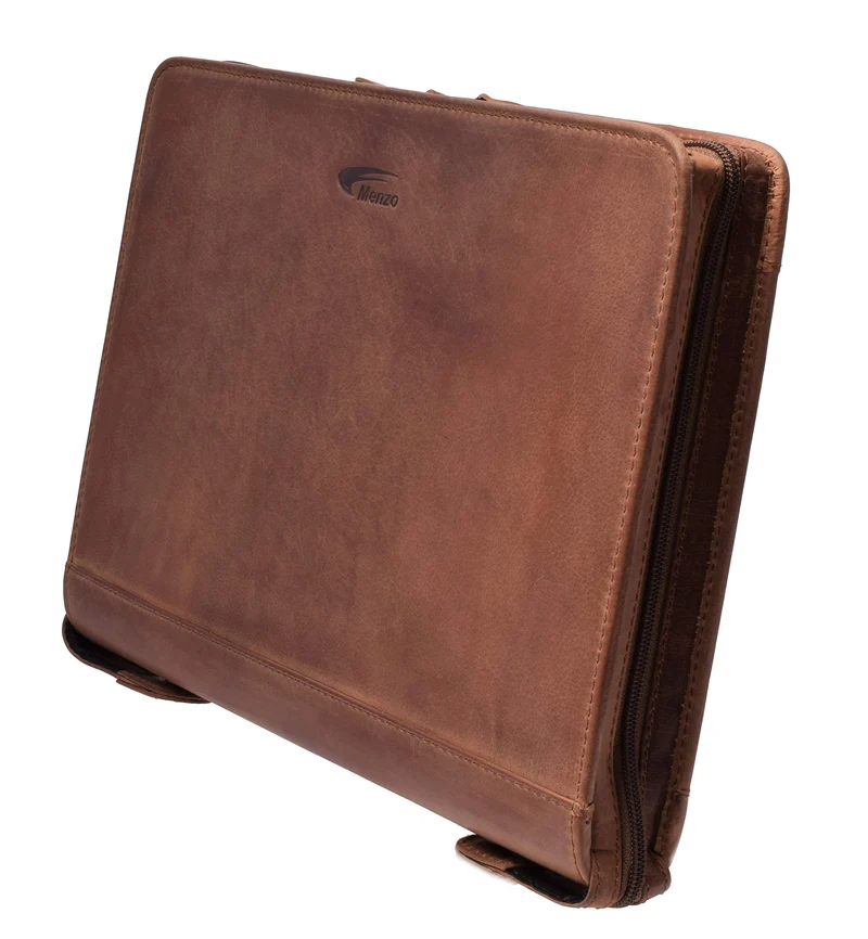 MENZO Lederschreibmappe, Dokumentenmappe, echtes Büffelleder Ledermappe, Schreibmappe, Businessmappe, Messenger bag, Mappe für Ringeinlagen, Konferenzmappe, Ledermappe, (braun/dunkelbraun)
