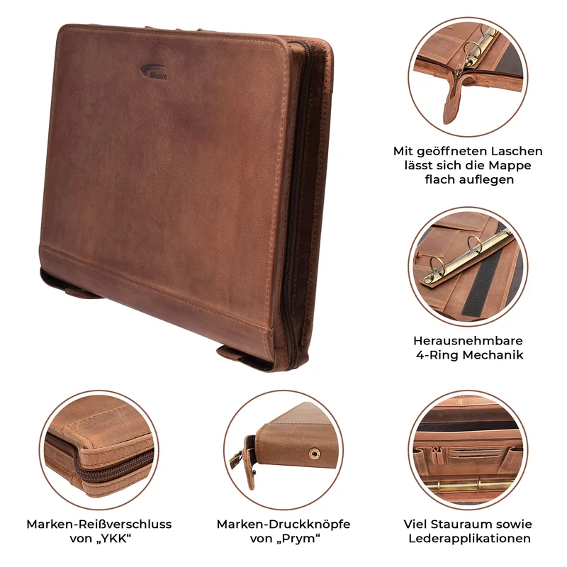 MENZO Lederschreibmappe, Dokumentenmappe, echtes Büffelleder Ledermappe, Schreibmappe, Businessmappe, Messenger bag, Mappe für Ringeinlagen, Konferenzmappe, Ledermappe, (braun/dunkelbraun)