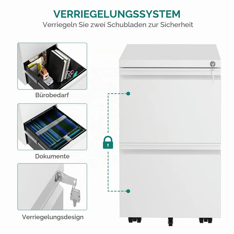YITAHOME Mobiler Aktenschrank 2 Schubladen Abschließbar Stahl Weiß