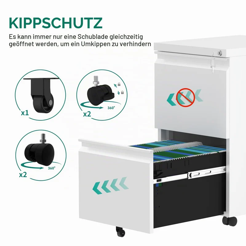YITAHOME Mobiler Aktenschrank 2 Schubladen Abschließbar Stahl Weiß