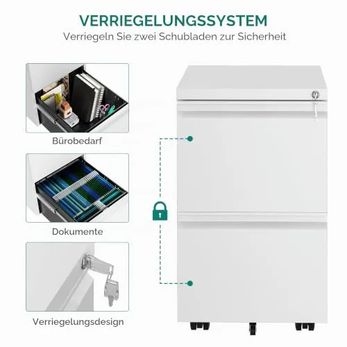 YITAHOME Mobiler Aktenschrank 2 Schubladen Abschließbar Stahl Weiß