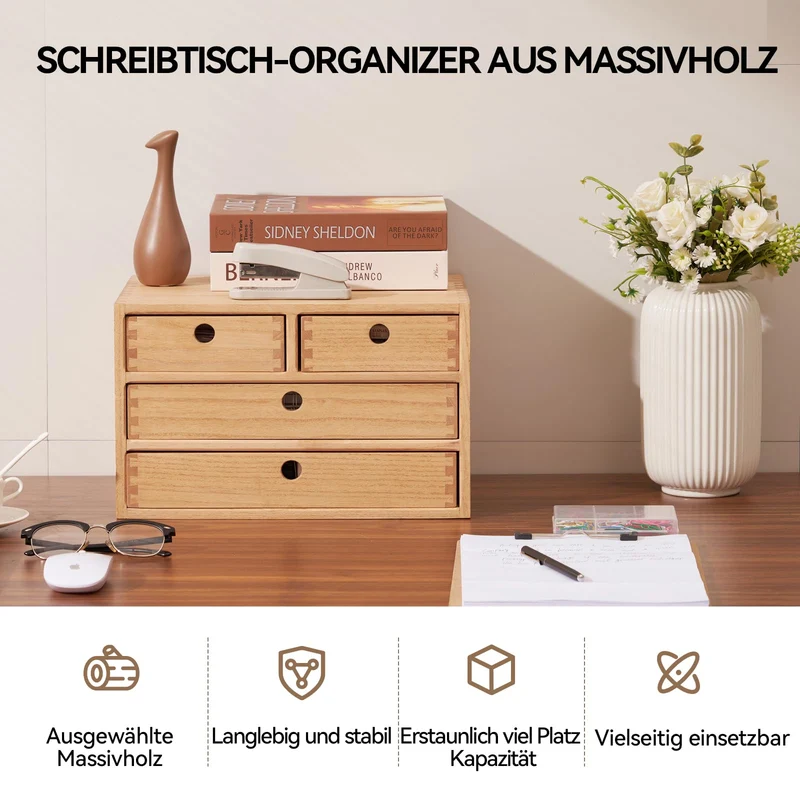 KIRIGEN Schubladenbox Holz, Tischkommode, 4 Schubladen, Natur