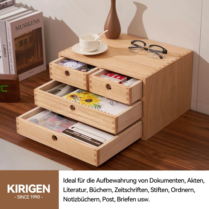 KIRIGEN Schubladenbox Holz, Tischkommode, 4 Schubladen, Natur