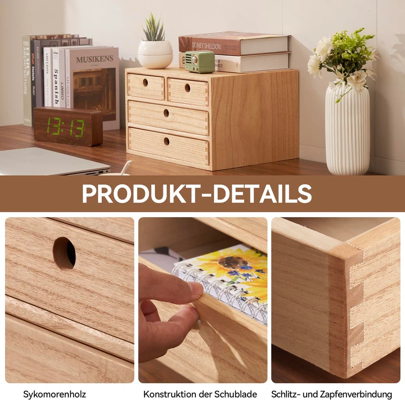 KIRIGEN Schubladenbox Holz, Tischkommode, 4 Schubladen, Natur