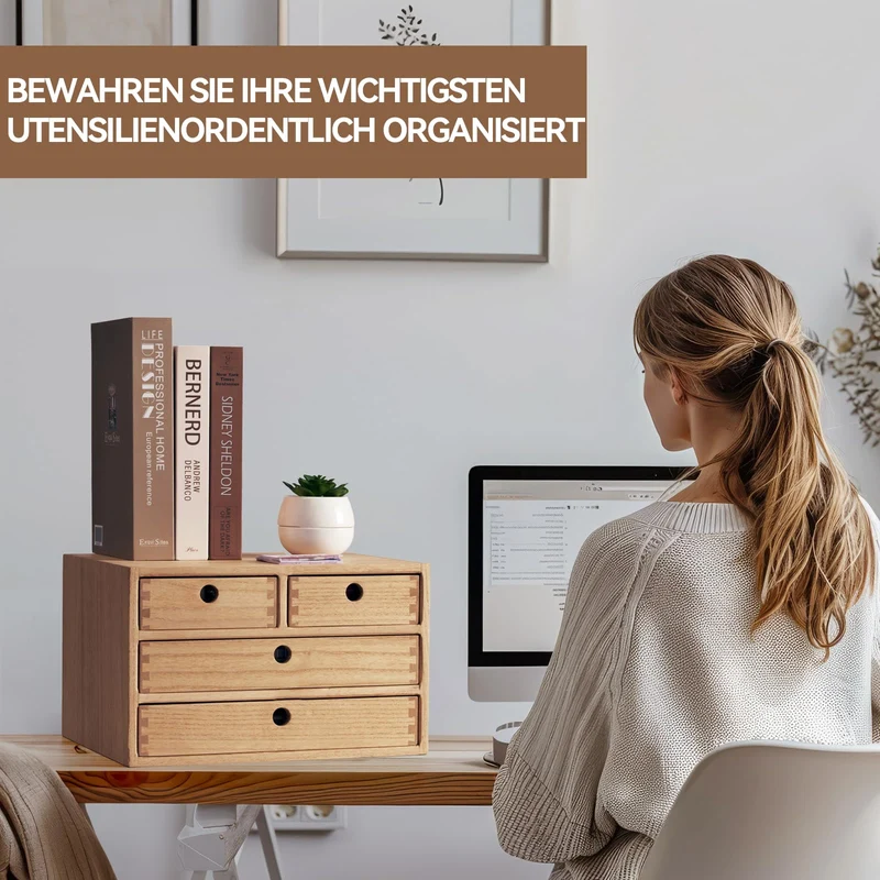 KIRIGEN Schubladenbox Holz, Tischkommode, 4 Schubladen, Natur