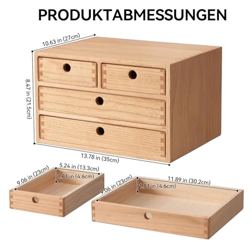KIRIGEN Schubladenbox Holz, Tischkommode, 4 Schubladen, Natur