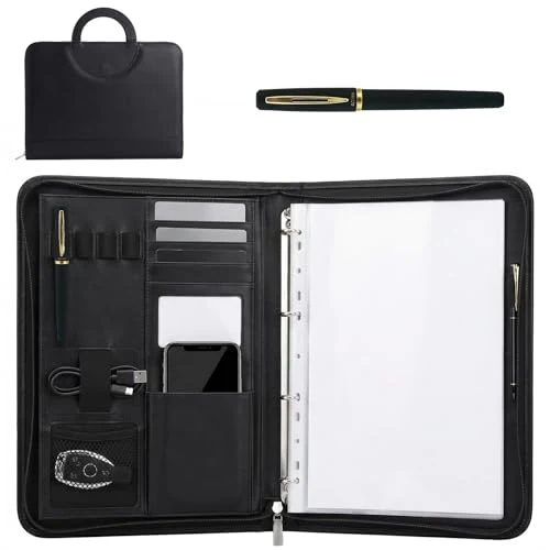 Schreibmappe A4 mit Reißverschluss, Konferenzmappe mit 10 wasserdichten PVC-Hüllen & 1 A4 Notizblock Kugelschreiber, 4 Ringbuch Dokumentenmappe aus PU Leder mit Ringbuch für Business, Meeting, Büro