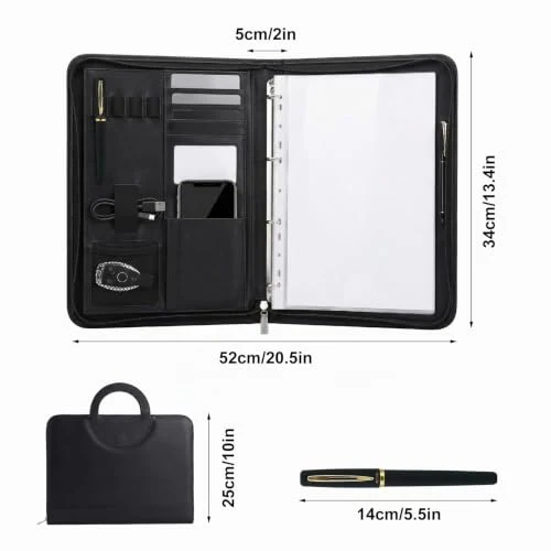 Schreibmappe A4 mit Reißverschluss, Konferenzmappe mit 10 wasserdichten PVC-Hüllen & 1 A4 Notizblock Kugelschreiber, 4 Ringbuch Dokumentenmappe aus PU Leder mit Ringbuch für Business, Meeting, Büro