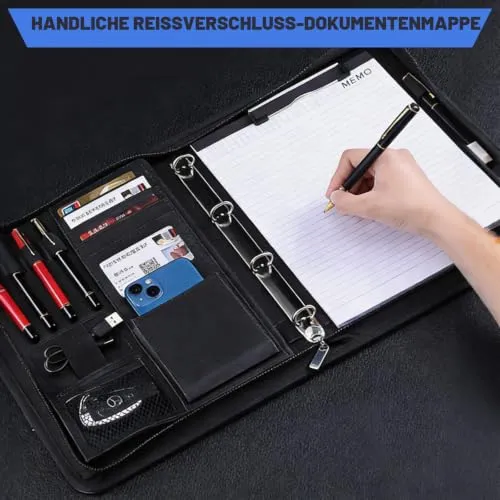 Schreibmappe A4 mit Reißverschluss, Konferenzmappe mit 10 wasserdichten PVC-Hüllen & 1 A4 Notizblock Kugelschreiber, 4 Ringbuch Dokumentenmappe aus PU Leder mit Ringbuch für Business, Meeting, Büro