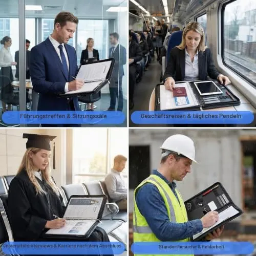 Schreibmappe A4 mit Reißverschluss, Konferenzmappe mit 10 wasserdichten PVC-Hüllen & 1 A4 Notizblock Kugelschreiber, 4 Ringbuch Dokumentenmappe aus PU Leder mit Ringbuch für Business, Meeting, Büro
