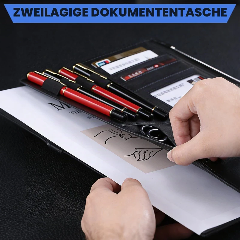 Schreibmappe A4 mit Reißverschluss, Konferenzmappe mit 10 wasserdichten PVC-Hüllen & 1 A4 Notizblock Kugelschreiber, 4 Ringbuch Dokumentenmappe aus PU Leder mit Ringbuch für Business, Meeting, Büro