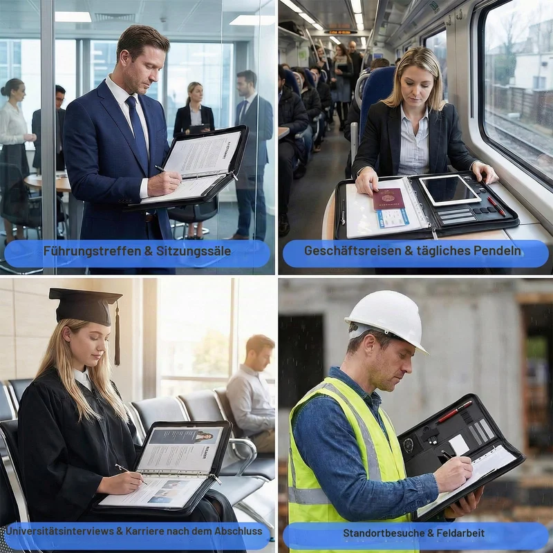 Schreibmappe A4 mit Reißverschluss, Konferenzmappe mit 10 wasserdichten PVC-Hüllen & 1 A4 Notizblock Kugelschreiber, 4 Ringbuch Dokumentenmappe aus PU Leder mit Ringbuch für Business, Meeting, Büro