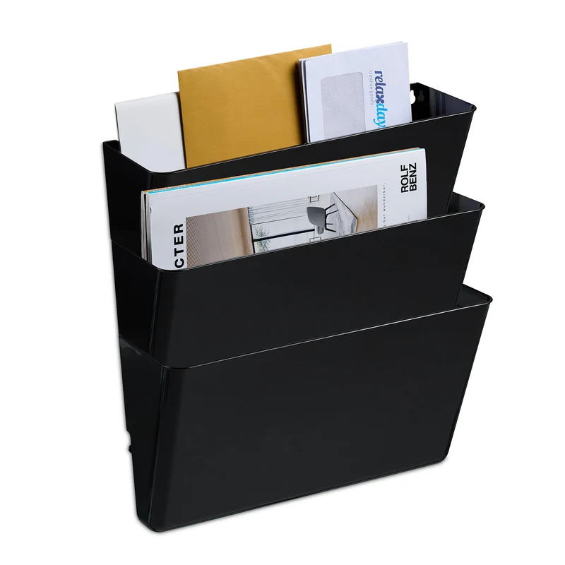 Relaxdays Zeitschriftenhalter Wand, 3er Set, A4, Kunststoff, HBT: 19x33x10,5 cm, Magazinhalter, Zeitungshalter, schwarz