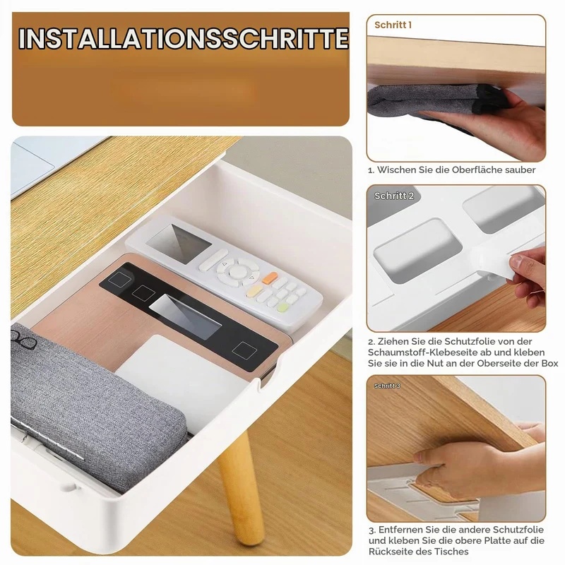 Schublade unter Schreibtisch, 33 × 23× 8.5cm Versteckte Schubladenbox Schubladen Organizer Selbstklebende Aufbewahrungsbox Weiße Untertisch Schublade für Zuhause und Büro
