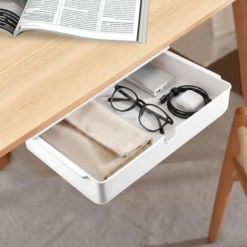 Schublade unter Schreibtisch, 33 × 23× 8.5cm Versteckte Schubladenbox Schubladen Organizer Selbstklebende Aufbewahrungsbox Weiße Untertisch Schublade für Zuhause und Büro