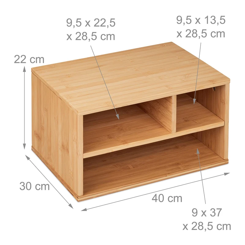Relaxdays Druckerständer Schreibtisch, 3 Fächer, Regal für Drucker, HxBxT: 22 x 40 x 30 cm, Bambus Organizer, Natur
