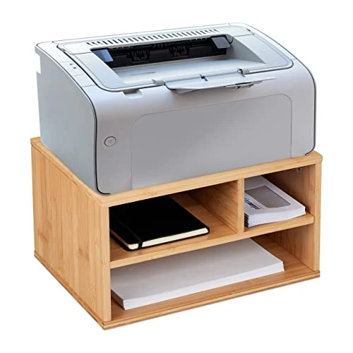 Relaxdays Druckerständer Schreibtisch, 3 Fächer, Regal für Drucker, HxBxT: 22 x 40 x 30 cm, Bambus Organizer, Natur
