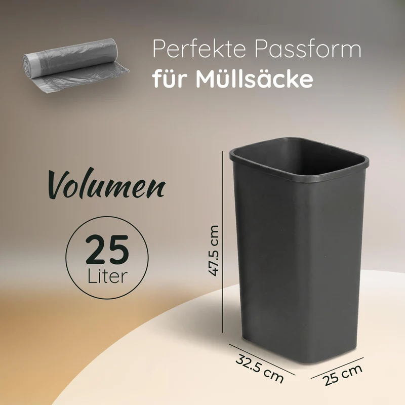 Novaliv 2er Set Mülleimer 25L ohne Deckel Anthrazit, Offener Papierkorb Abfalleimer für Küche Haushalt Büro Gewerbe, Müll Eimer Bin Abfallbehälter Kunststoff Mülltonne Eckig Made in Germany