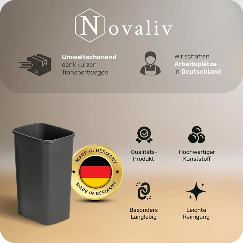 Novaliv 2er Set Mülleimer 25L ohne Deckel Anthrazit, Offener Papierkorb Abfalleimer für Küche Haushalt Büro Gewerbe, Müll Eimer Bin Abfallbehälter Kunststoff Mülltonne Eckig Made in Germany