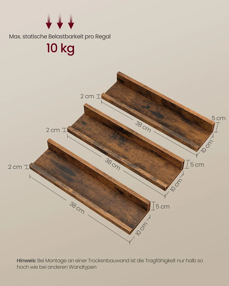 VASAGLE Wandregal, 3er Set, Schweberegale, Breite 38 cm