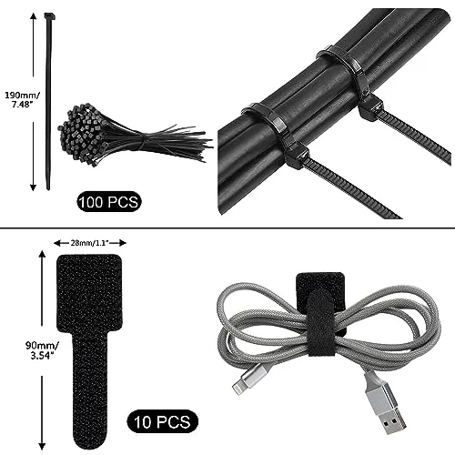 SOULWIT Kabelmanagement Kit, 4 Kabelschläuche, 7 Silikon Kabelhalter, 20+2 Kabelbinder Selbstklebend, 37 Kabelklemmen Groß, 100 Kabelbinder, 20 Kabelschelle Nagelschellen, 10 Klebesockel für TV PC