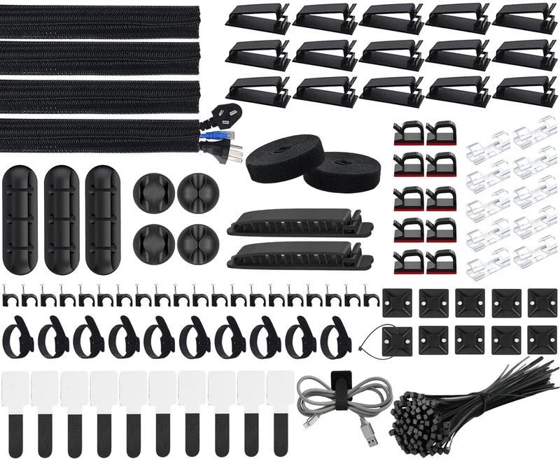 SOULWIT Kabelmanagement Kit, 4 Kabelschläuche, 7 Silikon Kabelhalter, 20+2 Kabelbinder Selbstklebend, 37 Kabelklemmen Groß, 100 Kabelbinder, 20 Kabelschelle Nagelschellen, 10 Klebesockel für TV PC