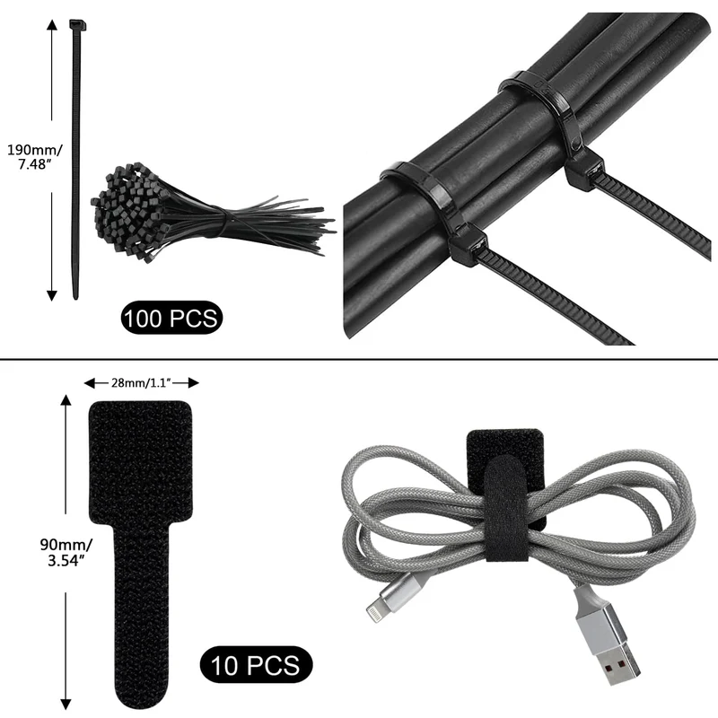 SOULWIT Kabelmanagement Kit, 4 Kabelschläuche, 7 Silikon Kabelhalter, 20+2 Kabelbinder Selbstklebend, 37 Kabelklemmen Groß, 100 Kabelbinder, 20 Kabelschelle Nagelschellen, 10 Klebesockel für TV PC