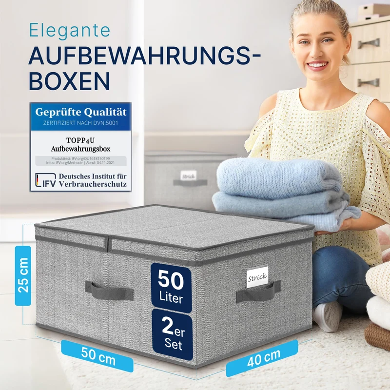 TOPP4u 2er Set große Aufbewahrungs-Box 50L mit Deckel, 2 Fächer 40x50x25cm