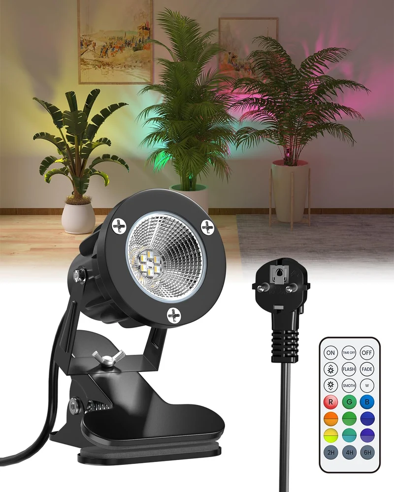 6W RGB LED Klemmspot mit Fernbedienung, 15 RGB-Lichter + Warmweiß 3000K, IP65 Wasserfester für Innen und Außen, Klemmlampe Strahler mit 1,78m Kabel und Stecker