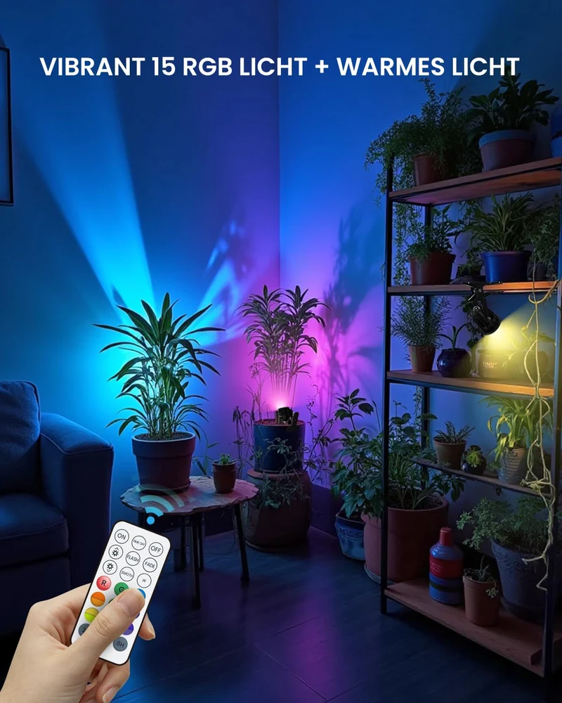 6W RGB LED Klemmspot mit Fernbedienung, 15 RGB-Lichter + Warmweiß 3000K, IP65 Wasserfester für Innen und Außen, Klemmlampe Strahler mit 1,78m Kabel und Stecker