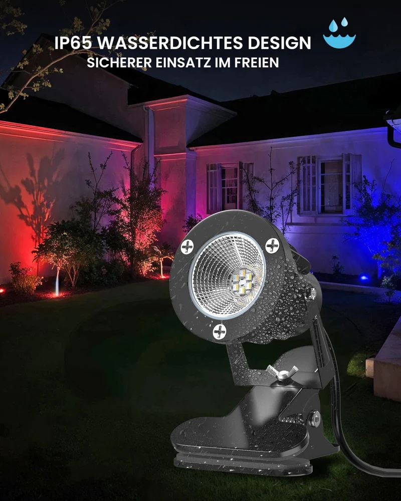 6W RGB LED Klemmspot mit Fernbedienung, 15 RGB-Lichter + Warmweiß 3000K, IP65 Wasserfester für Innen und Außen, Klemmlampe Strahler mit 1,78m Kabel und Stecker